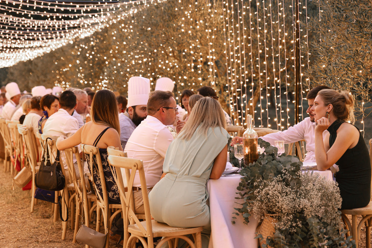 Dîner sous le couloir lumineux dans les oliviers, Domaine de Valbonne