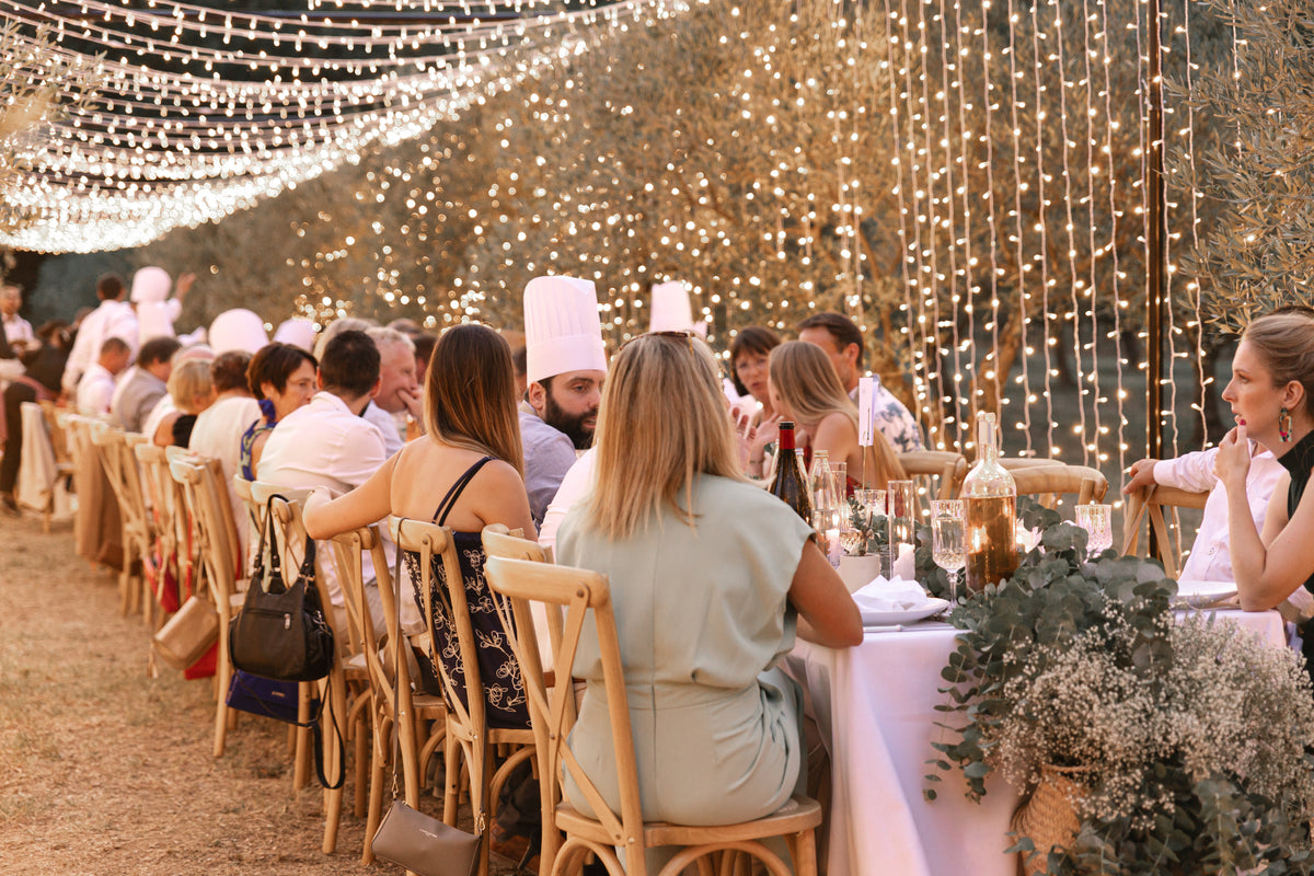 Dîner sous le couloir lumineux dans les oliviers, Domaine de Valbonne