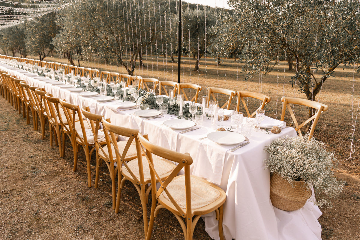 Table dressée dans les oliviers sous le couloir lumineux, Domaine de Valbonne