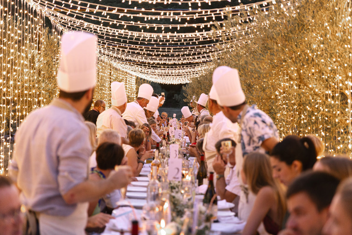 Dîner sous le couloir lumineux dans les oliviers, Domaine de Valbonne